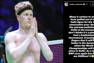 विश्व के नंबर 3 बैडमिंटन खिलाड़ी एंटोनसन ने दिल्ली प्रदूषण के कारण इंडिया ओपन से नाम लिया वापस, लगा भयंकर जुर्माना