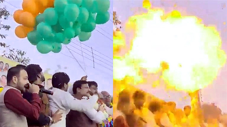उज्जैन में भाजयुमो अध्यक्ष श्याम टेलर के स्वागत के दौरान धमाका : मंच पर फटे हाइड्रोजन वाले गुब्बारे, नीचे गिरे नेता और कार्यकर्ता